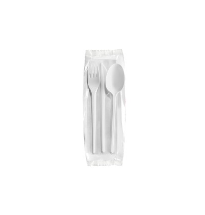 Set cubiertos - servilleta, tenedor, cuchillo y cuchara sopera blanco x UND